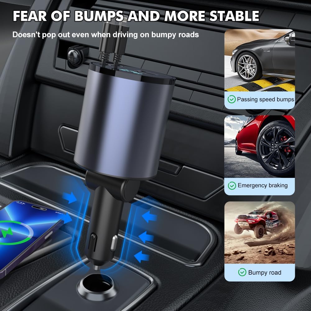 Retractable Car Charger, Upgraded 4 in 1 Fast Car Phone Charger 100W with Dual Retractable Cables and USB Car Charger Adapter, Compatible with iPhone 15/14/13/12 Pro Max, Samsung, Pixel, iPad
