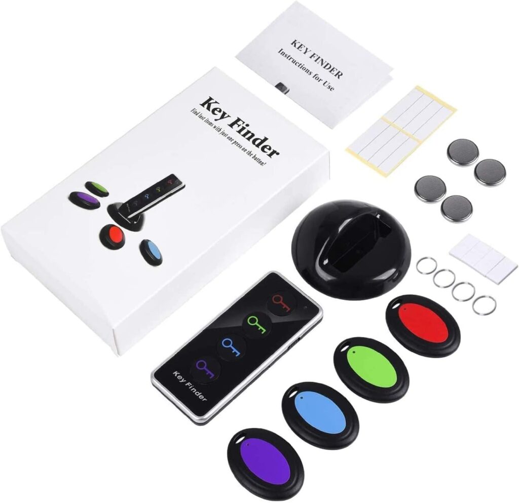 Reyke Key Finder, 80dB+ RF Item Locator Tags with 131ft. Working Range, Wireless Remote Finder Key Finder Locator for Finding Wallet Key Phone Glasses Pet Tracker, 1 RF Transmitter  4 Receivers