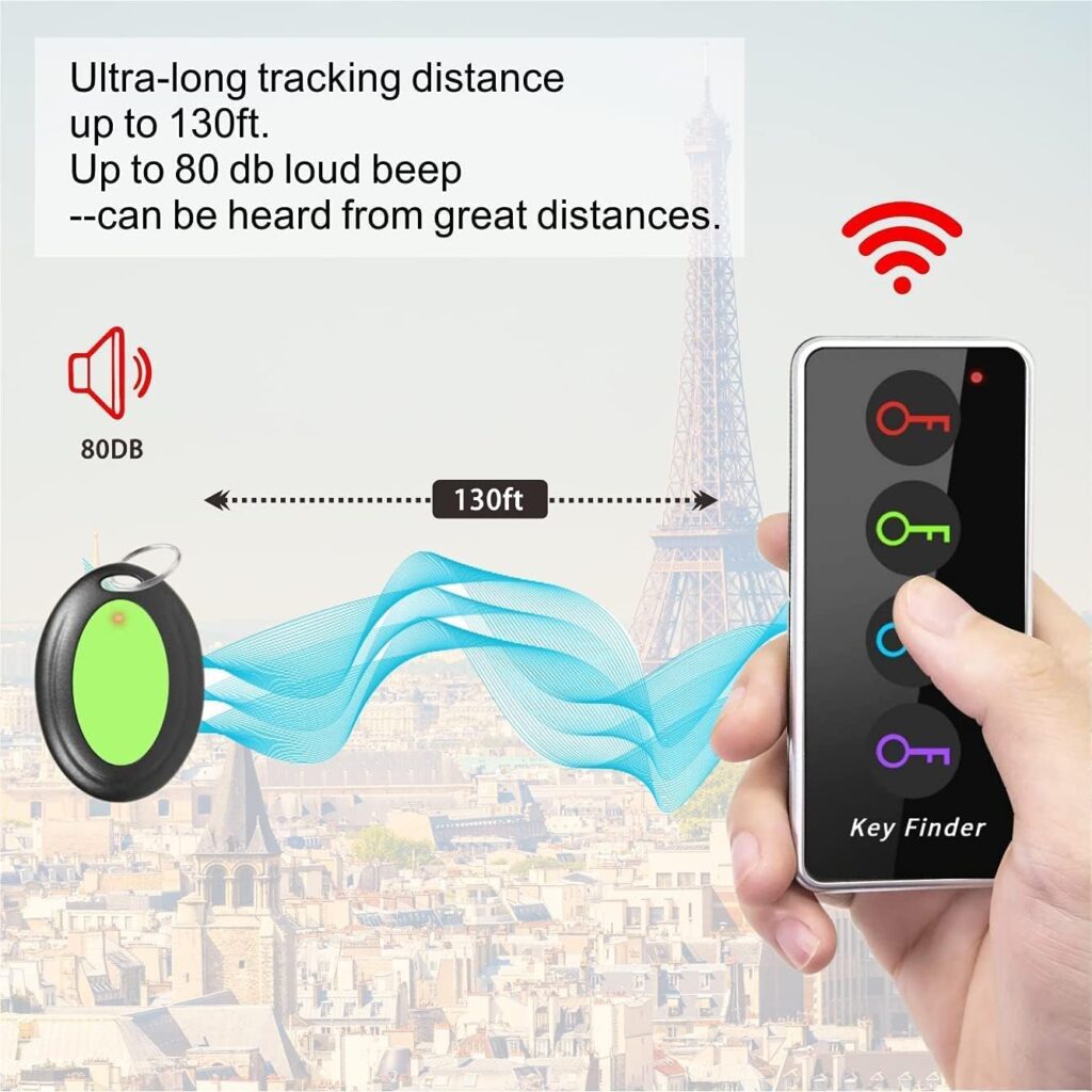 Reyke Key Finder, 80dB+ RF Item Locator Tags with 131ft. Working Range, Wireless Remote Finder Key Finder Locator for Finding Wallet Key Phone Glasses Pet Tracker, 1 RF Transmitter  4 Receivers