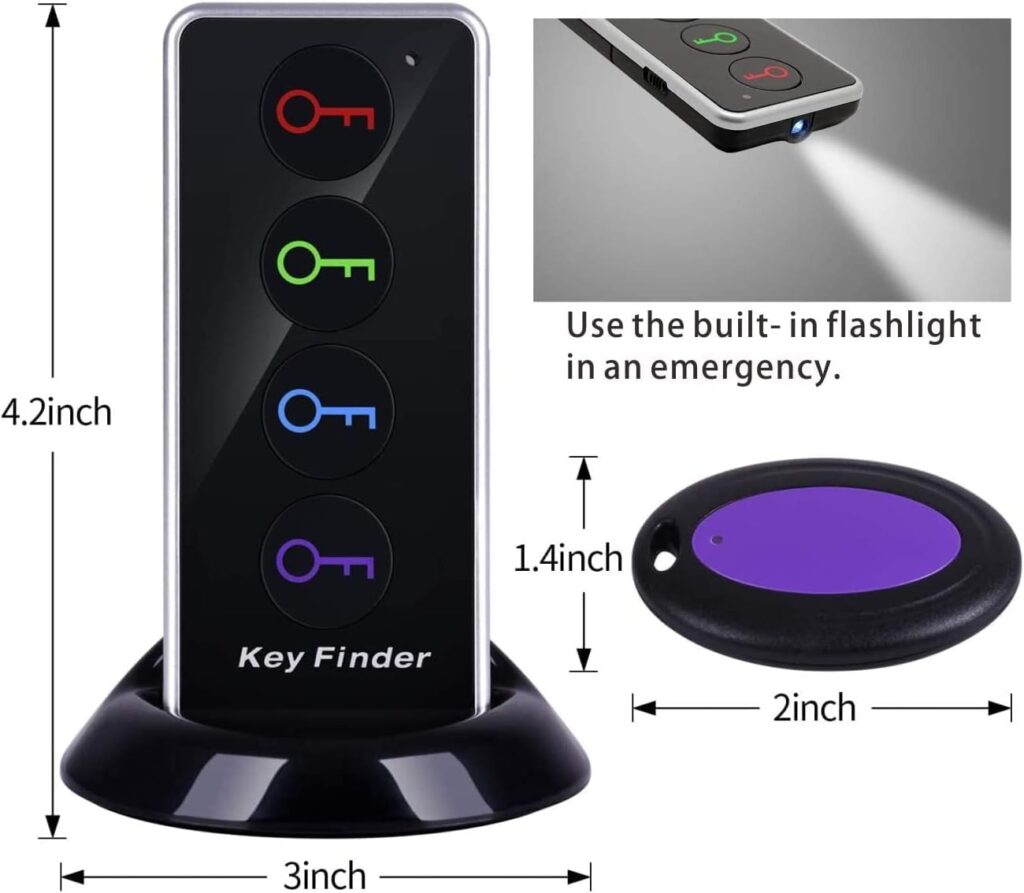 Reyke Key Finder, 80dB+ RF Item Locator Tags with 131ft. Working Range, Wireless Remote Finder Key Finder Locator for Finding Wallet Key Phone Glasses Pet Tracker, 1 RF Transmitter  4 Receivers