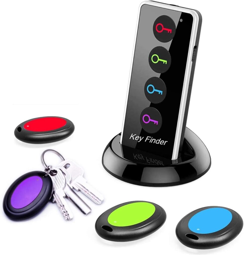 Reyke Key Finder, 80dB+ RF Item Locator Tags with 131ft. Working Range, Wireless Remote Finder Key Finder Locator for Finding Wallet Key Phone Glasses Pet Tracker, 1 RF Transmitter  4 Receivers