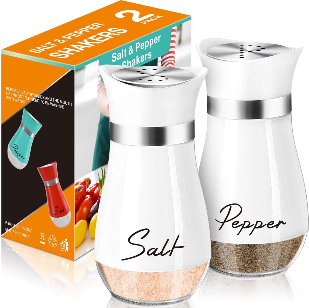Salt and Pepper Shakers Set,4 oz Glass Bottom Salt Pepper Shaker with Stainless Steel Lid for Kitchen Gadgets Cooking Table, RV, Camp,BBQ Refillable Design (White + Black)