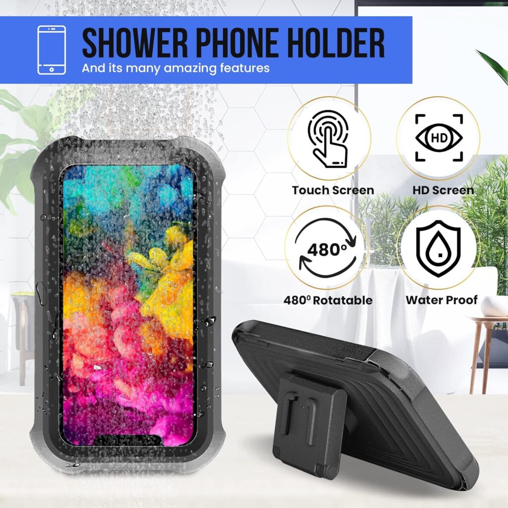 Shower Phone Case Holder Waterproof Upgraded 480° Rotating Phone Shower Holder Wall Mount Bathroom TV Shower Gadget Shower Accessory Phone Mount iPhone Shower TV (Black)