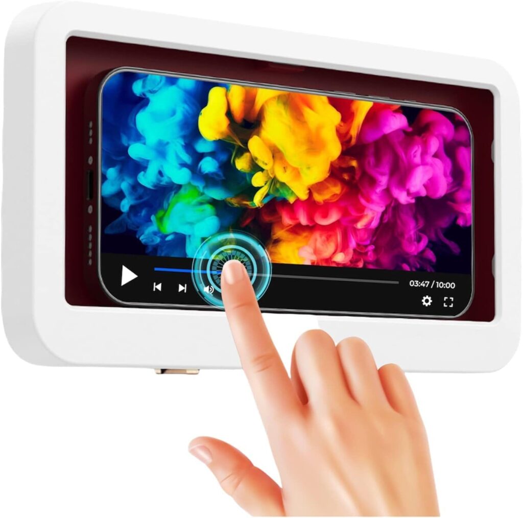Shower Phone Case Holder Waterproof Upgraded Phone Shower Holder Wall Mount Bathroom TV Shower Gadget Shower Accessory Phone Mount iPhone Shower TV (White)