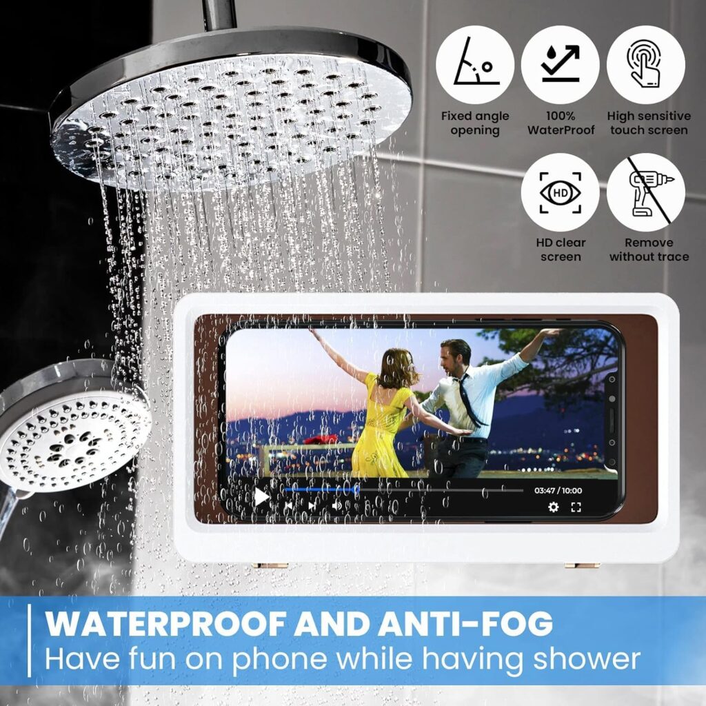 Shower Phone Case Holder Waterproof Upgraded Phone Shower Holder Wall Mount Bathroom TV Shower Gadget Shower Accessory Phone Mount iPhone Shower TV (White)