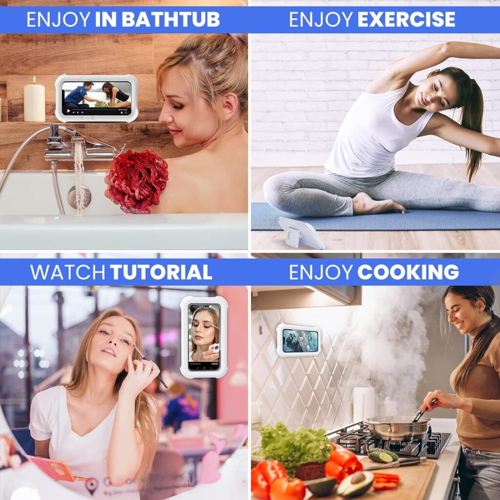 Shower Phone Case Holder Waterproof Upgraded Phone Shower Holder Wall Mount Bathroom TV Shower Gadget Shower Accessory Phone Mount iPhone Shower TV (White)