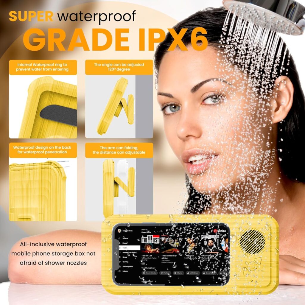 Shower Phone Case Holder Waterproof Upgraded Phone Shower Holder Wall Mount Bathroom TV Shower Gadget Shower Accessory Phone Mount iPhone Shower TV (Bamboo)