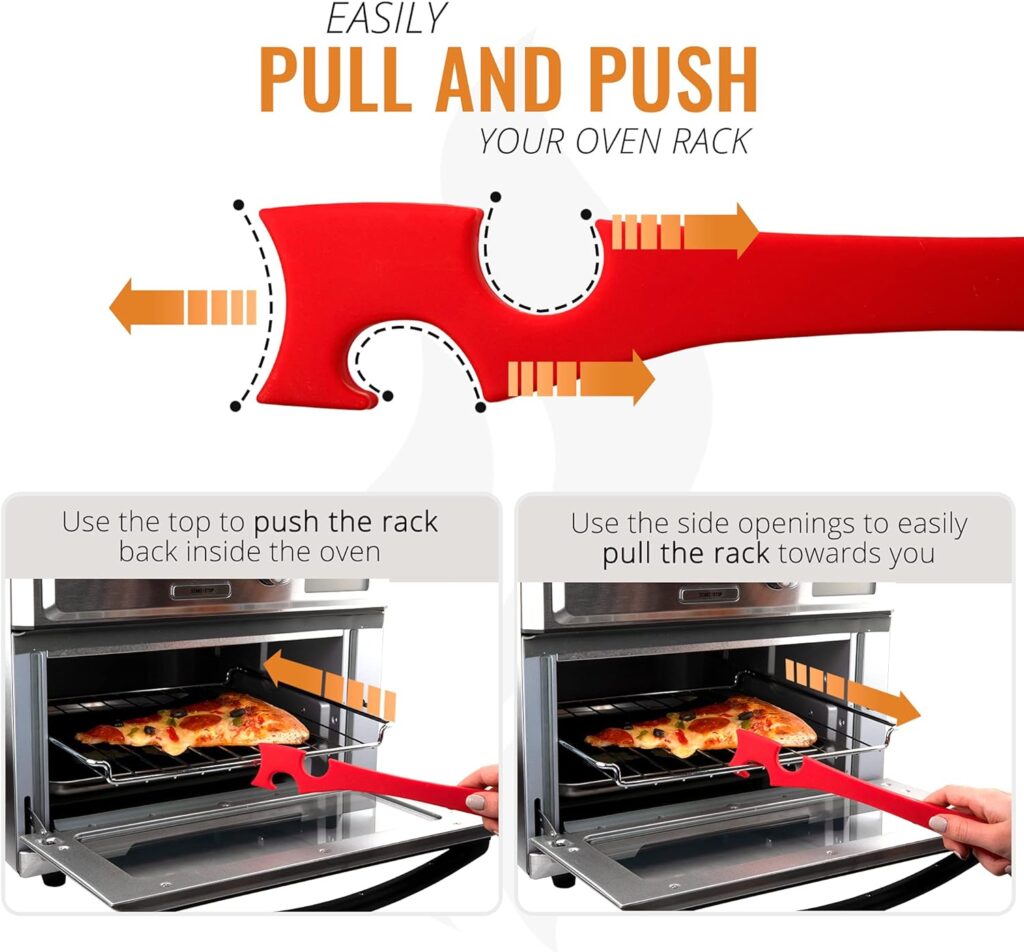 Silicone Oven Rack Push Pull Tool with Longer Handle, Shelf Puller for Air Fryer Toaster Ovens and Kitchen Oven, Stick with Hook Tool for Small Kitchen Appliances, Cool Kitchen Gadgets and Accessories