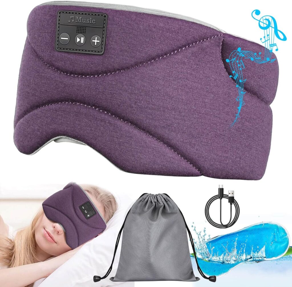 Sleep Mask with Bluetooth Headphones 24 White Noise, Ultra-Thin Speaker Cold Pack Blackout Bluetooth Eye Mask Sleep Headphones for Side Sleepers, Airplane, Travel, Cool Gadgets for Women Man (Purple)