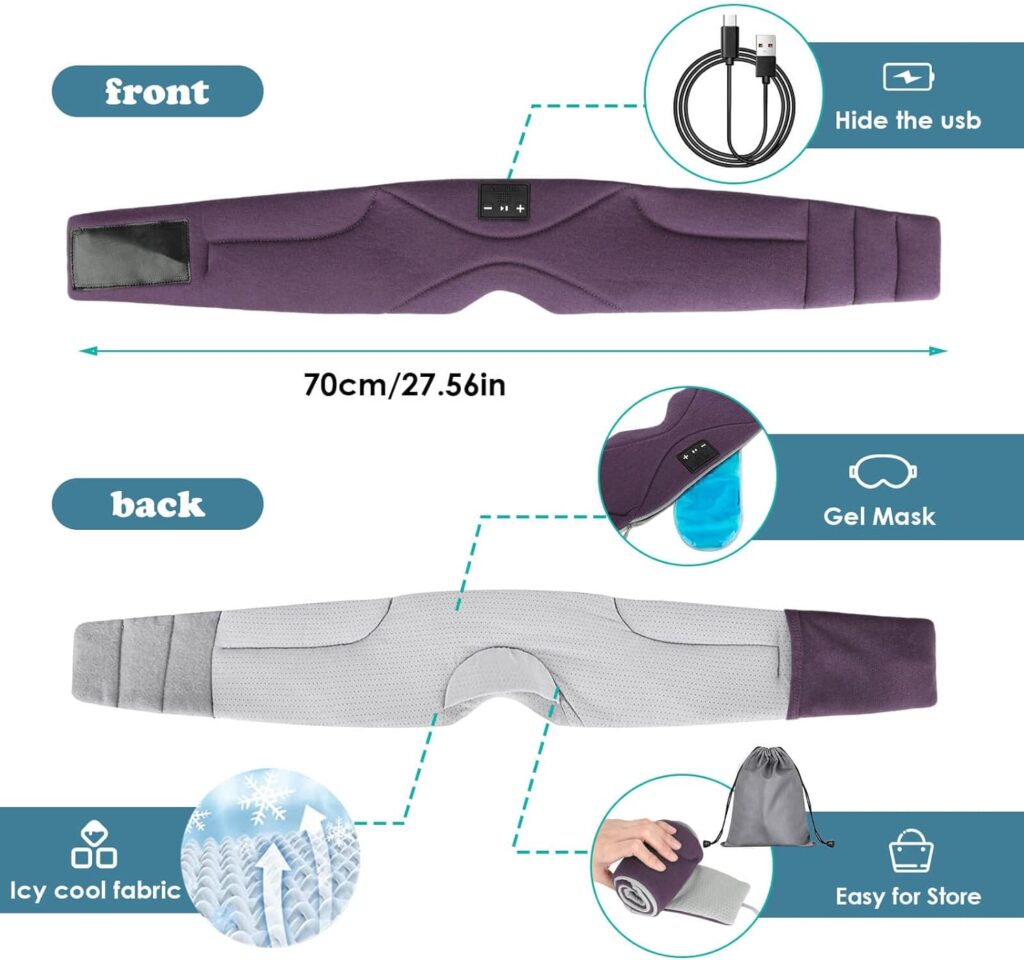 Sleep Mask with Bluetooth Headphones 24 White Noise, Ultra-Thin Speaker Cold Pack Blackout Bluetooth Eye Mask Sleep Headphones for Side Sleepers, Airplane, Travel, Cool Gadgets for Women Man (Purple)