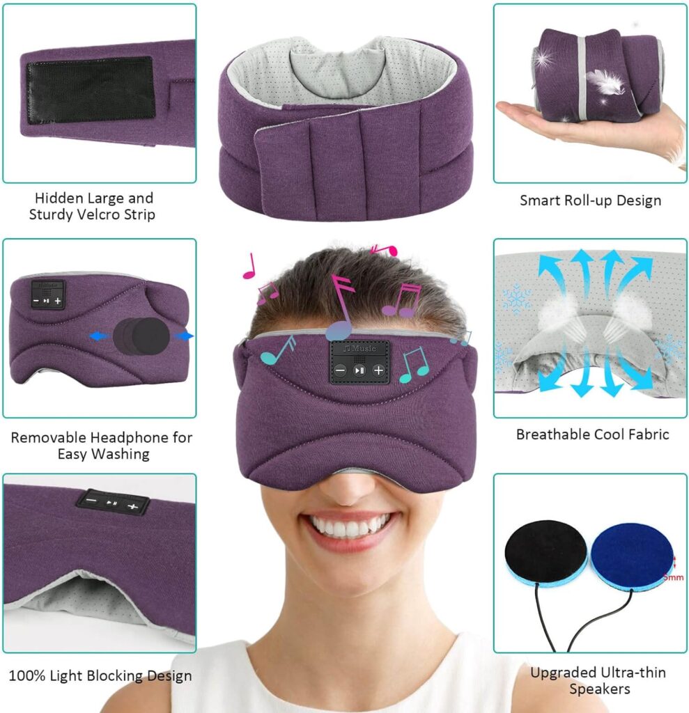 Sleep Mask with Bluetooth Headphones 24 White Noise, Ultra-Thin Speaker Cold Pack Blackout Bluetooth Eye Mask Sleep Headphones for Side Sleepers, Airplane, Travel, Cool Gadgets for Women Man (Purple)