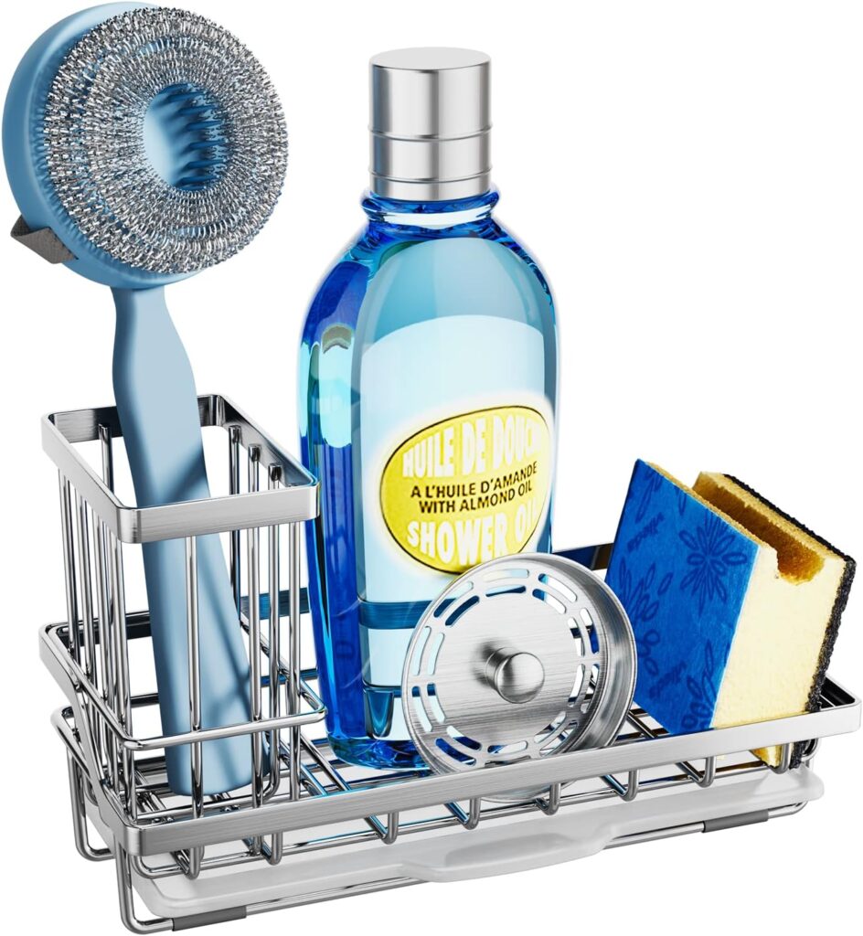 SWTYMIKI Multifunctional Kitchen Sink Caddy - Sponge Holder, Kitchen Sink Organzier and Storage with High Brush Holder and Drip Tray for Kitchen Gadgets Sink Accessories Dish Sponges, Silver