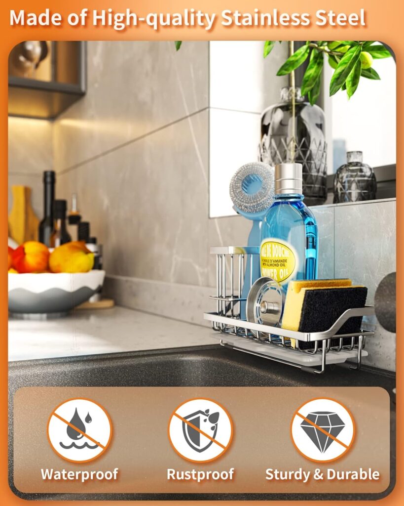 SWTYMIKI Multifunctional Kitchen Sink Caddy - Sponge Holder, Kitchen Sink Organzier and Storage with High Brush Holder and Drip Tray for Kitchen Gadgets Sink Accessories Dish Sponges, Silver