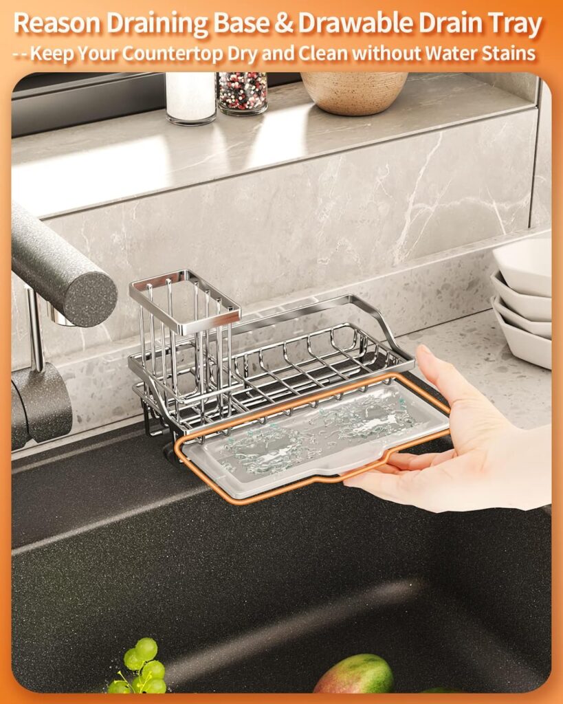 SWTYMIKI Multifunctional Kitchen Sink Caddy - Sponge Holder, Kitchen Sink Organzier and Storage with High Brush Holder and Drip Tray for Kitchen Gadgets Sink Accessories Dish Sponges, Silver
