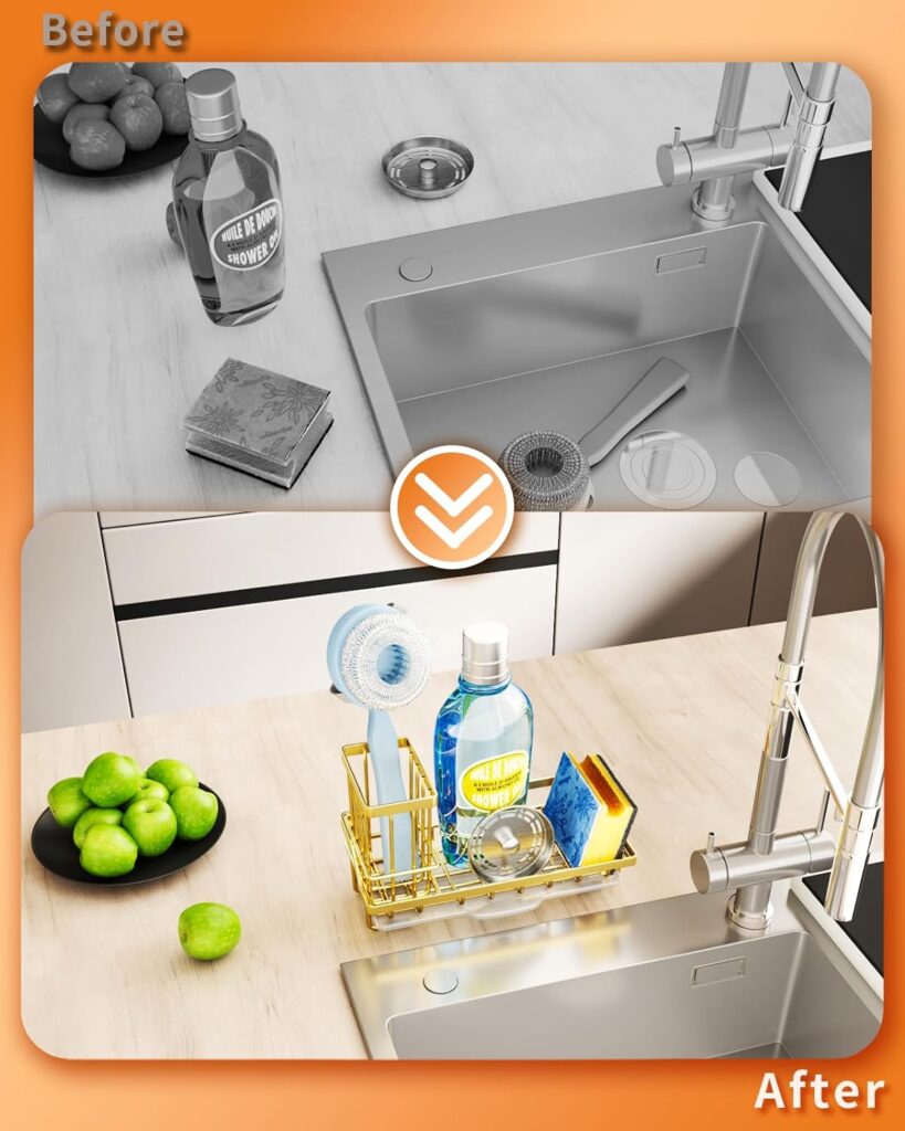 SWTYMIKI Multifunctional Kitchen Sink Caddy - Sponge Holder, Kitchen Sink Organzier and Storage with High Brush Holder and Drip Tray for Kitchen Gadgets Sink Accessories Dish Sponges, Silver