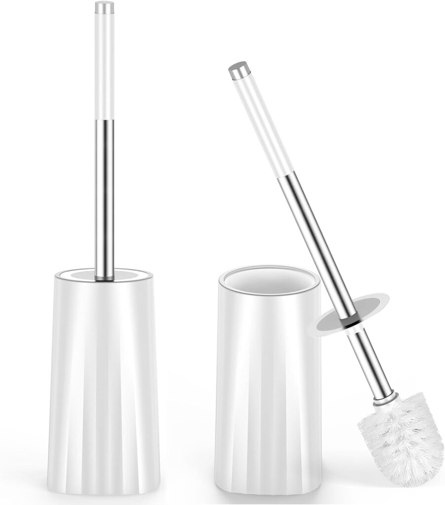 Toilet Brush, 2 Pack Compact Size Toilet Bowl Brush and Holder with Stainless Steel Handle, Small Size Plastic Holder Space Saving for Storage，Easy to Hide, Drip-Proof, Easy to Assemble, Deep Cleaning