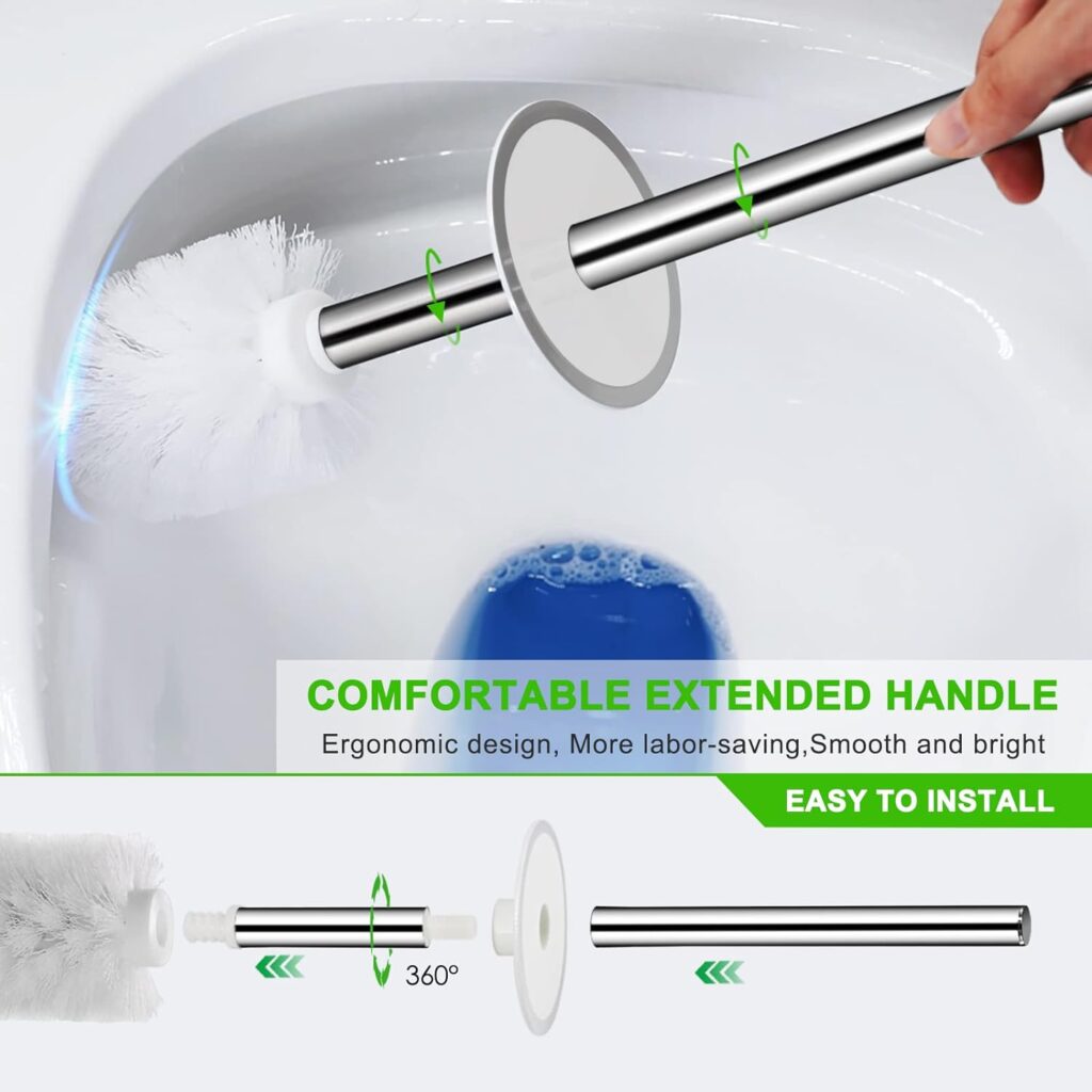 Toilet Brush, Compact Size Toilet Bowl Brush and Holder with Stainless Steel Handle, Small Size Plastic Holder Space Saving for Storage，Easy to Hide, Drip-Proof, Easy to Assemble, Deep Cleaning