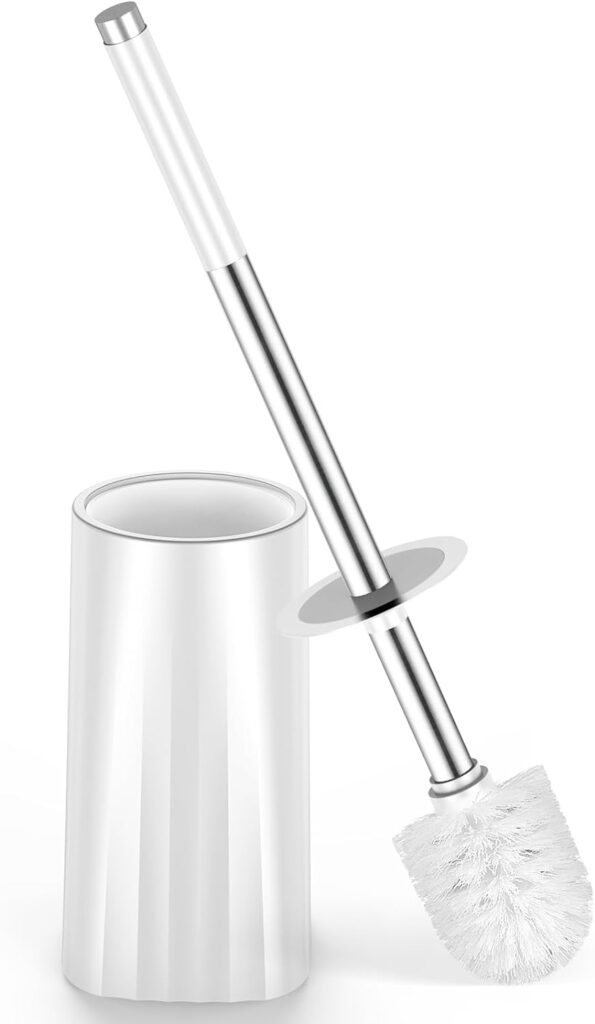 Toilet Brush, Compact Size Toilet Bowl Brush and Holder with Stainless Steel Handle, Small Size Plastic Holder Space Saving for Storage，Easy to Hide, Drip-Proof, Easy to Assemble, Deep Cleaning