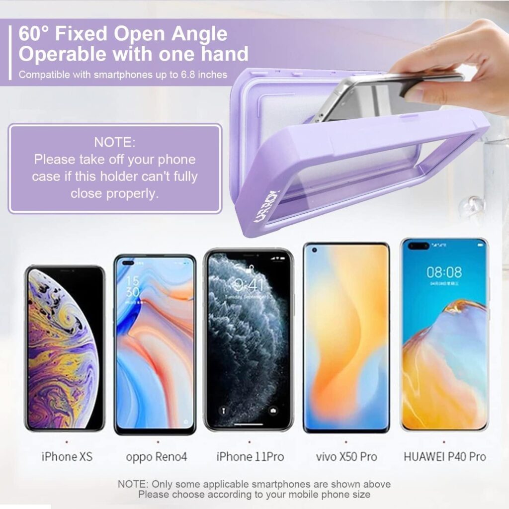 URROY Shower Phone Holder Waterproof Anti Fog Touchscreen 480 Degree Rotation Shower Phone Case Bathroom Kitchen Wall Mount for All Cell Phone Up to 7, Gifts for Men Women Kids