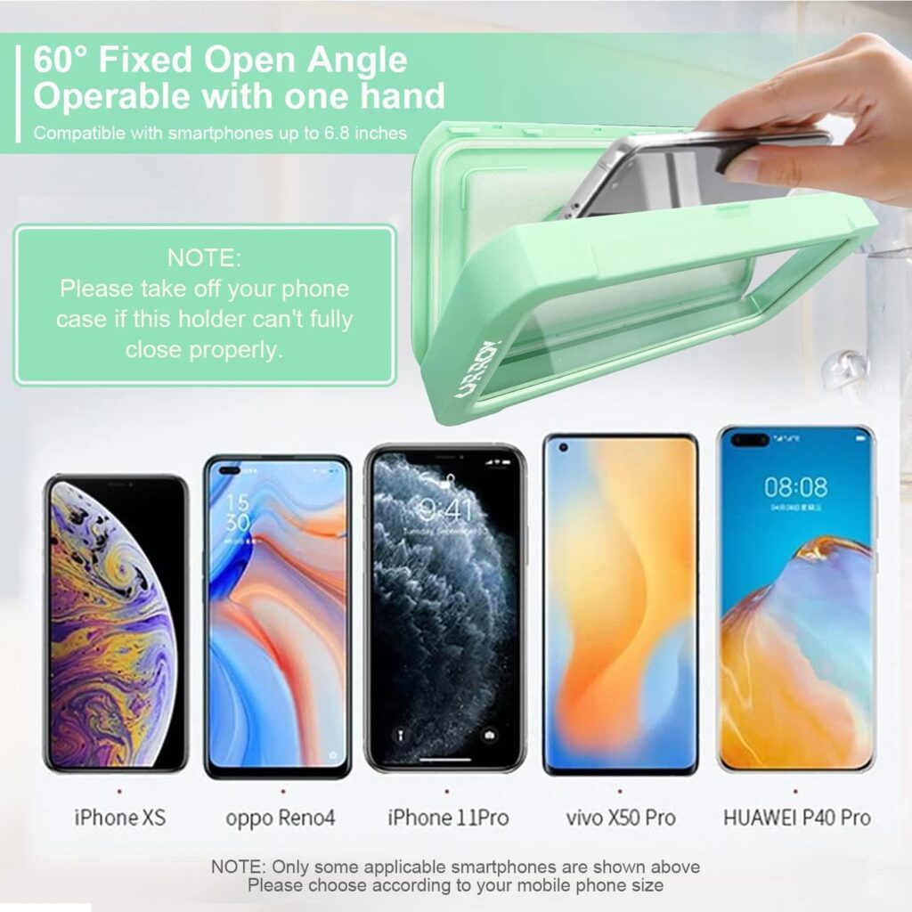 URROY Shower Phone Holder Waterproof Anti Fog Touchscreen 480 Degree Rotation Shower Phone Case Bathroom Kitchen Wall Mount for All Cell Phone Up to 7, Gifts for Men Women Kids