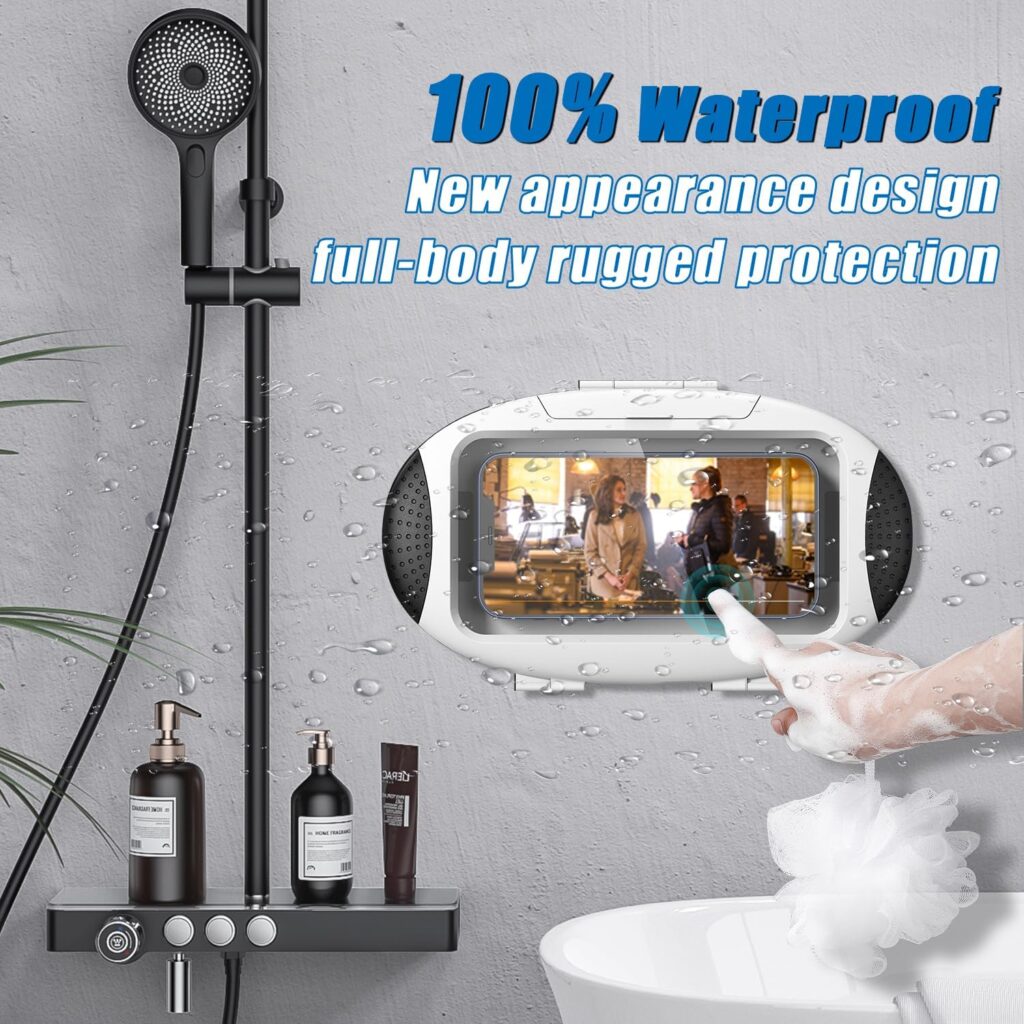 URROY Shower Phone Holder Waterproof Anti Fog Touchscreen 480 Degree Rotation Shower Phone Case Bathroom Kitchen Wall Mount for All Cell Phone Up to 7, Gifts for Men Women Kids