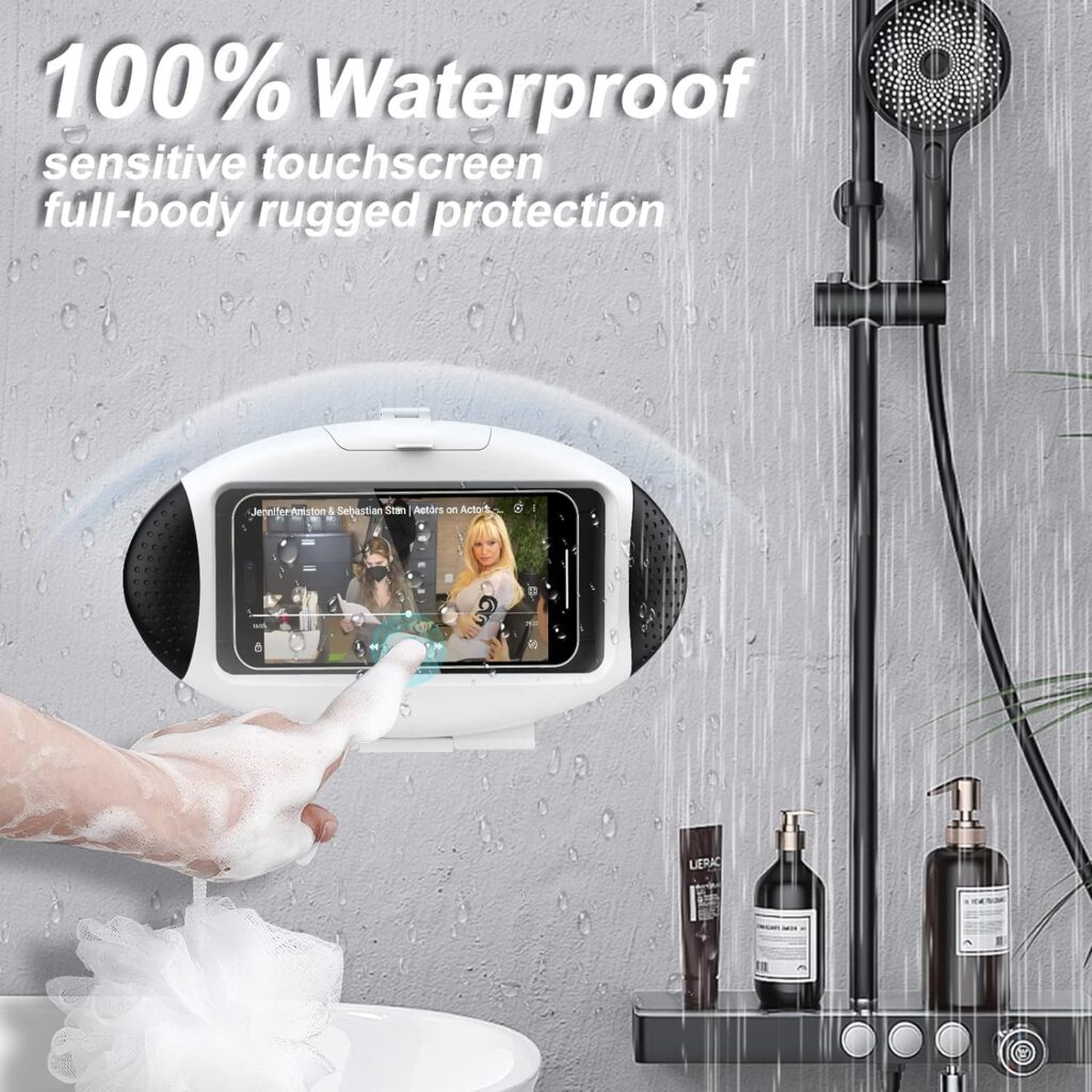 URROY Shower Phone Holder Waterproof Anti Fog Touchscreen 480 Degree Rotation Shower Phone Case Bathroom Kitchen Wall Mount for All Cell Phone Up to 7, Gifts for Men Women Kids