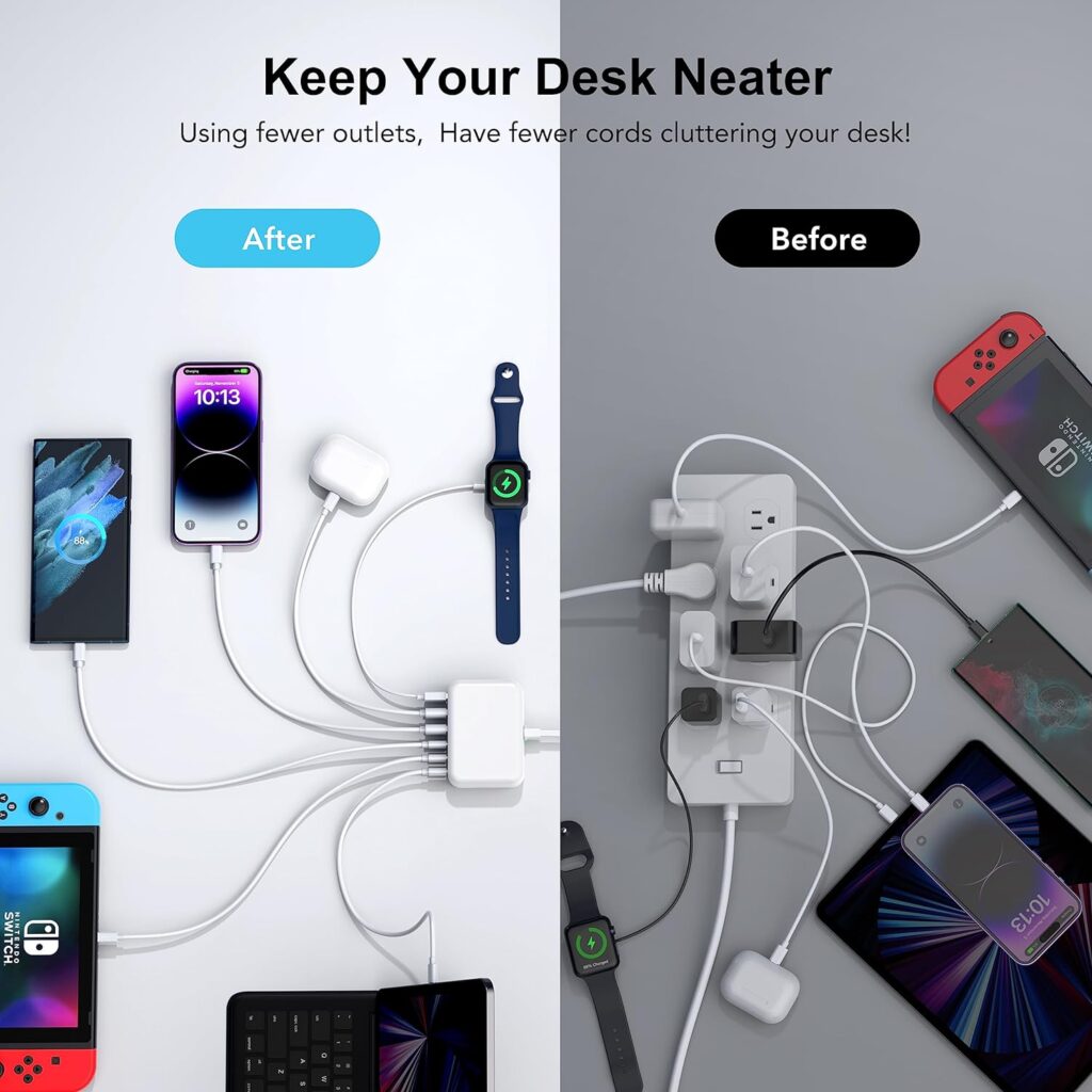 USB C Fast Charger 100W GaN 6 Port Type USB C Charging Station Hub Block USB C Wall Charger, Storage Bag Pouch Travel Case Essentials Tech Gadgets Accessories Cable Organizer