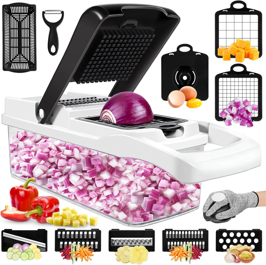 Vegetable Chopper 15 in 1, Food Chopper with Container, Onion Chopper Dicer, Veggie Spiralizer Cutter, Mandoline Slicer, Kitchen Gadget, 8 Blades