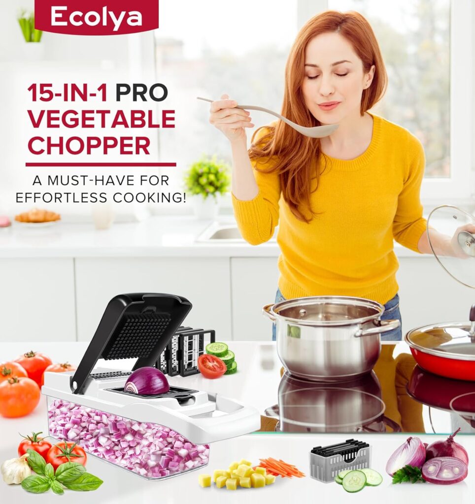 Vegetable Chopper 15 in 1, Food Chopper with Container, Onion Chopper Dicer, Veggie Spiralizer Cutter, Mandoline Slicer, Kitchen Gadget, 8 Blades