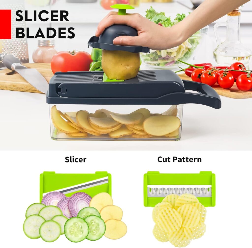Vegetable Chopper, Pro Onion Chopper, 14 in 1Multifunctional Food Chopper, Kitchen Vegetable Slicer Dicer Cutter,Veggie Chopper With 8 Blades,Carrot and Garlic Chopper With Container(blue)