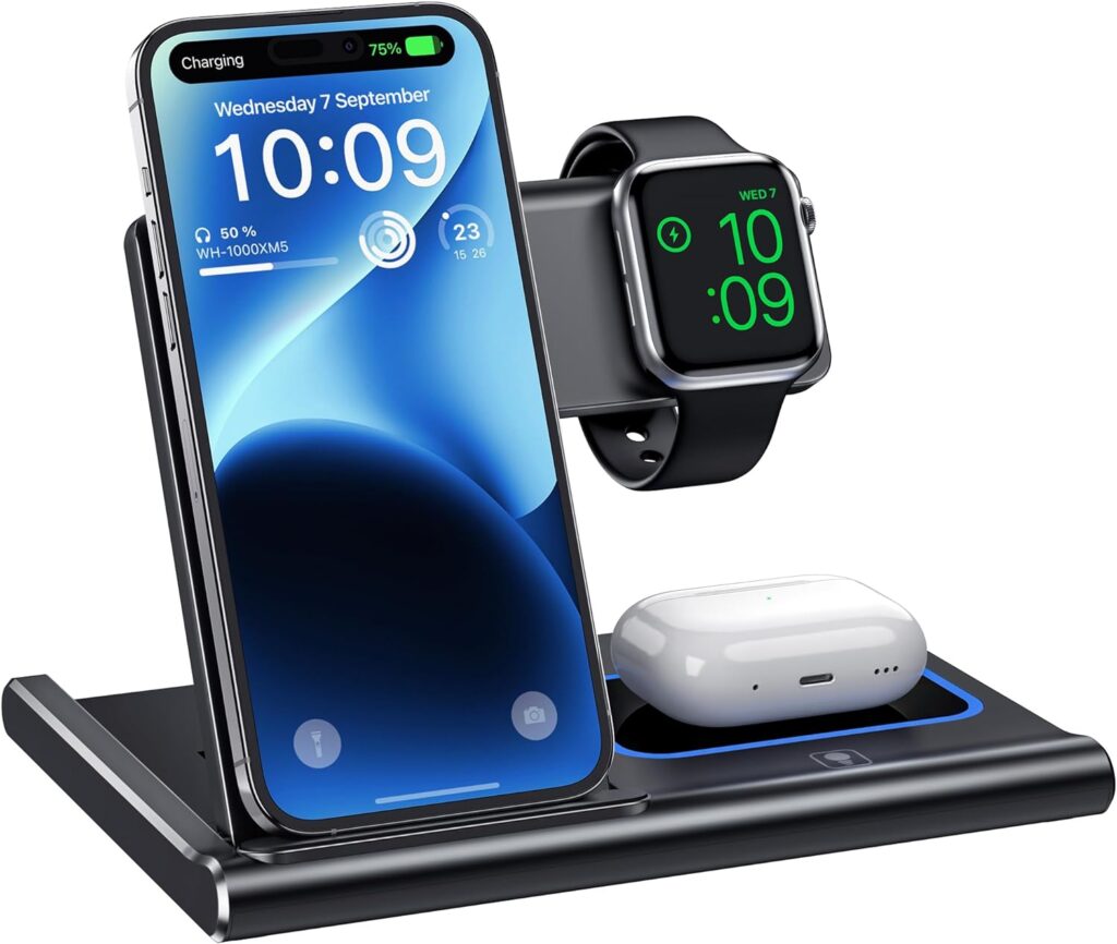 Wireless Charger, 3 in 1 Wireless Charging Station for Multiple Devices,Wireless Charging Stand for iPhone15 14 13 12 11 Series, AirPods Pro 3 2  Apple Watch [UL-Listed] (Black)