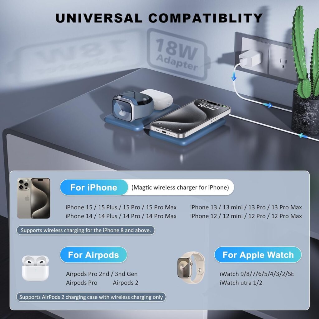 Wireless Charger for iPhone - 3 in 1 Charging Station for Apple Devices, Travel Magnetic Charger pad for iPhone 15 14 13 12 pro max  AirPods 3/2/Pro  Apple Watch