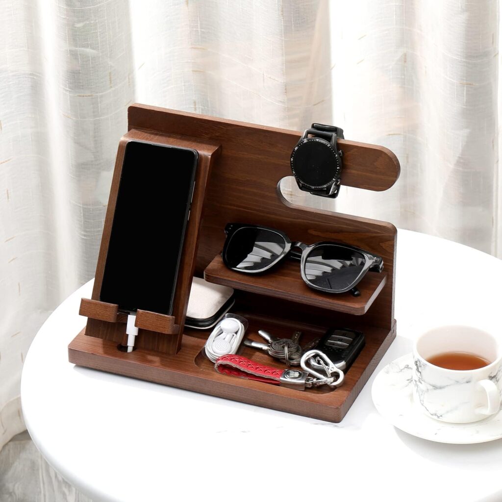 Wood Phone Docking Station, Gifts for Him Birthday Gifts for Men, Nightstand Organizer Gifts for Dad, Classy Solid Wood Gadgets for Men, Key Holder Stand Watch Organizer