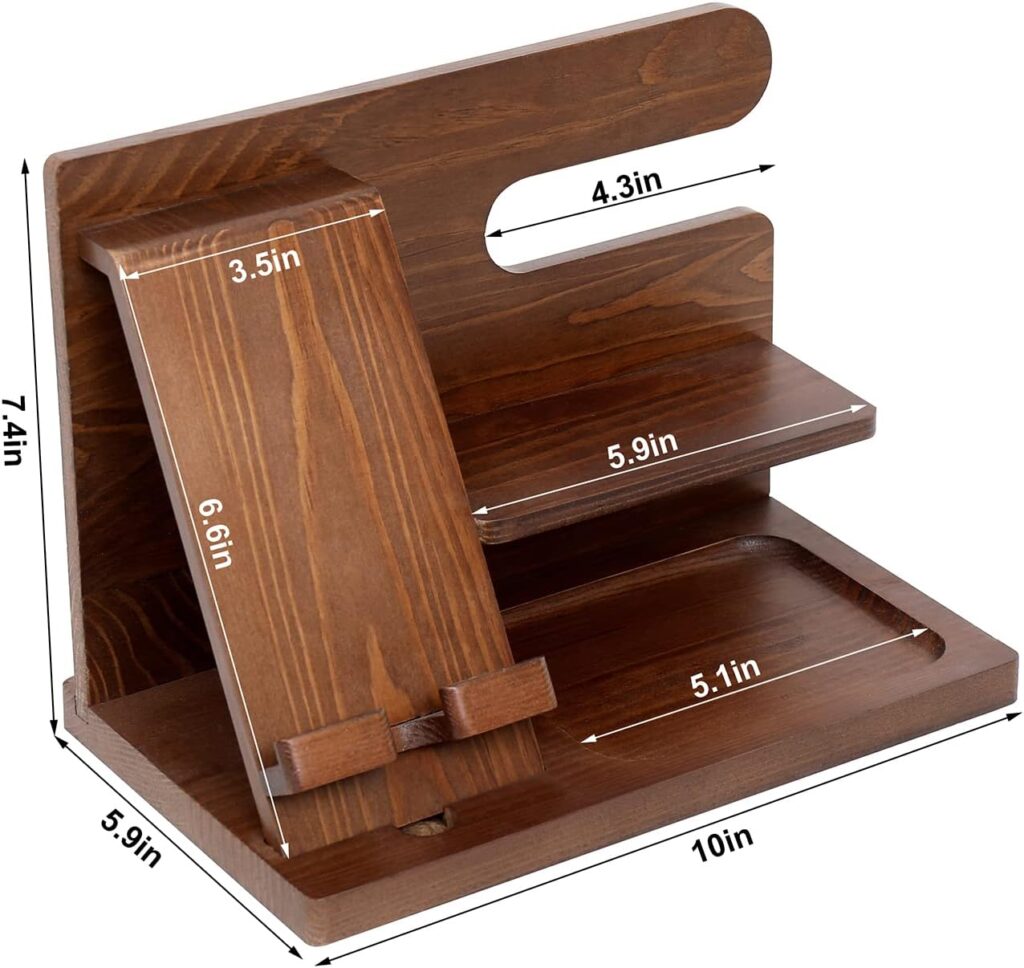 Wood Phone Docking Station, Gifts for Him Birthday Gifts for Men, Nightstand Organizer Gifts for Dad, Classy Solid Wood Gadgets for Men, Key Holder Stand Watch Organizer