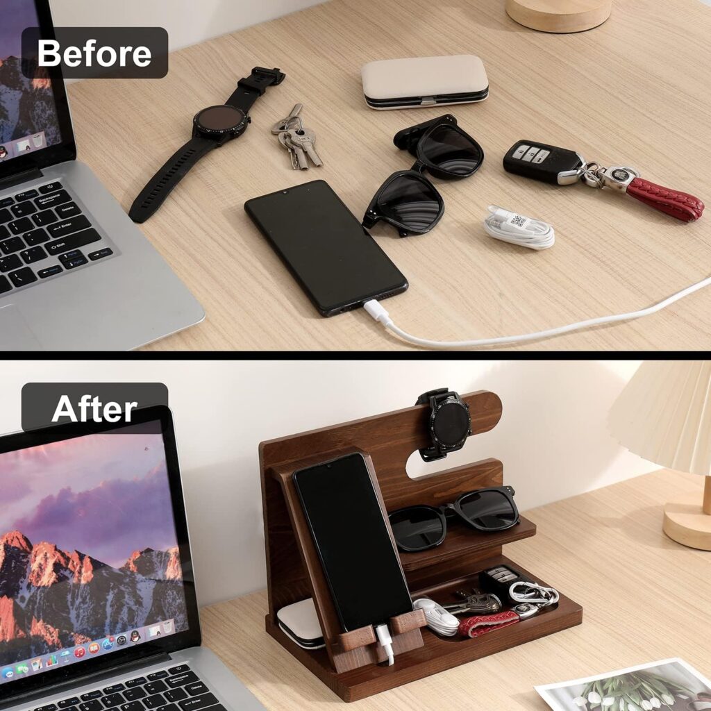 Wood Phone Docking Station, Gifts for Him Birthday Gifts for Men, Nightstand Organizer Gifts for Dad, Classy Solid Wood Gadgets for Men, Key Holder Stand Watch Organizer