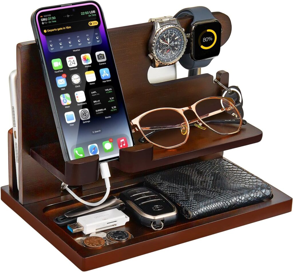 Wood Phone Docking Station Key Holder Stand Watch Organizer Men Husband Wife Anniversary Dad Birthday Nightstand Purse Father Graduation Male Travel Idea Gadgets (Brown)