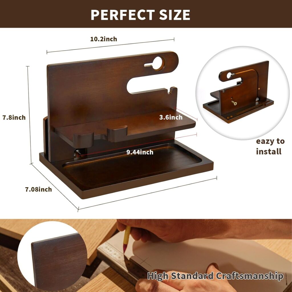 Wood Phone Docking Station Key Holder Stand Watch Organizer Men Husband Wife Anniversary Dad Birthday Nightstand Purse Father Graduation Male Travel Idea Gadgets (Brown)