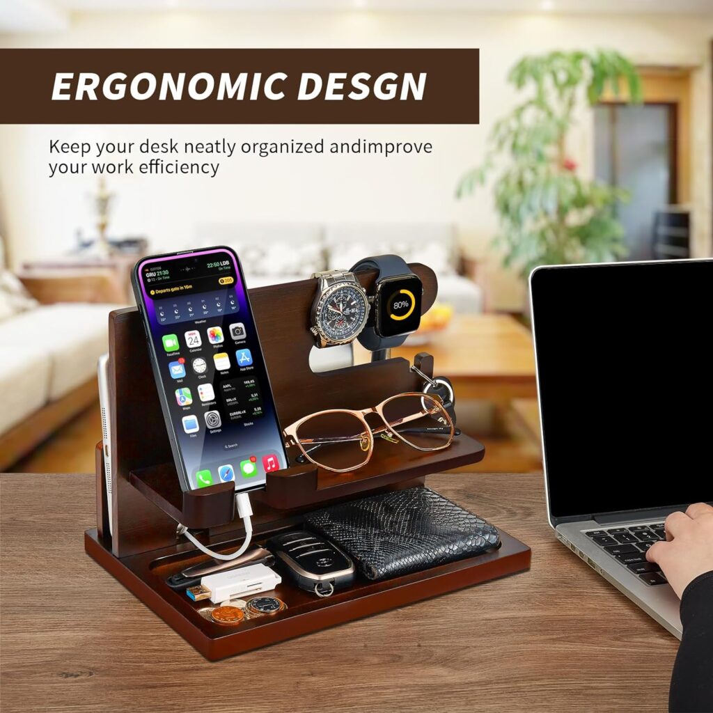 Wood Phone Docking Station Key Holder Stand Watch Organizer Men Husband Wife Anniversary Dad Birthday Nightstand Purse Father Graduation Male Travel Idea Gadgets (Brown)