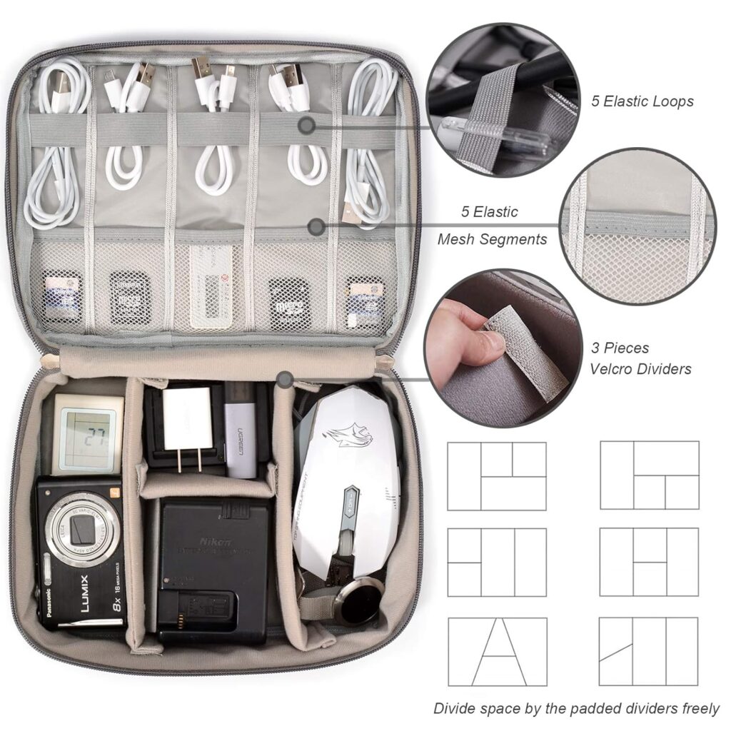 Electronic Organizer Travel Universal Cable Organizer Electronics Accessories Storage Bag Gadget Gear Cases for iPad Mini, Kindle, Smartphone, Cable, Charger, Power Bank, USB, SD Card (Grey)