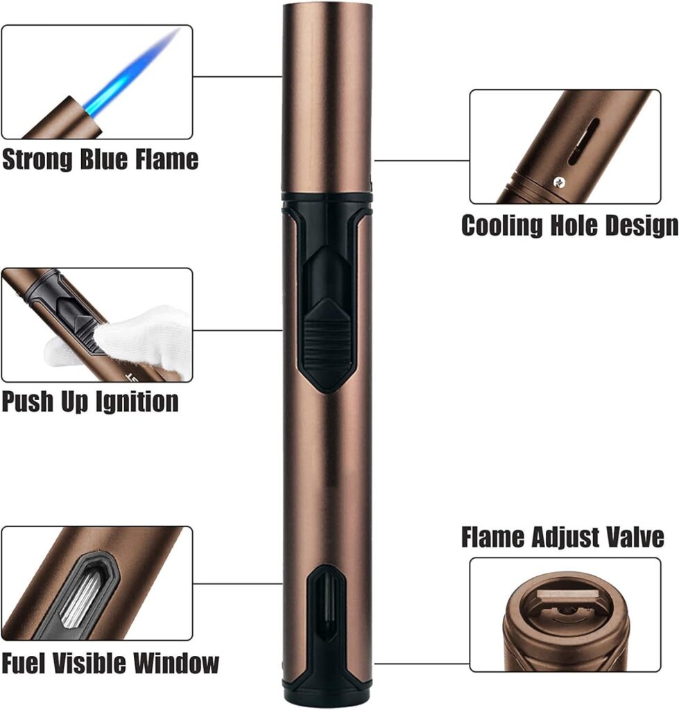 pliicnkg Torch Lighter with Fuel Level Window, Butane Lighter 6.0in Long Windproof Lighter Adjustable Jet Flame for Candle Grill Kitchen BBQ Fireworks, Mens Gadgets, Brown (Gas not Included)