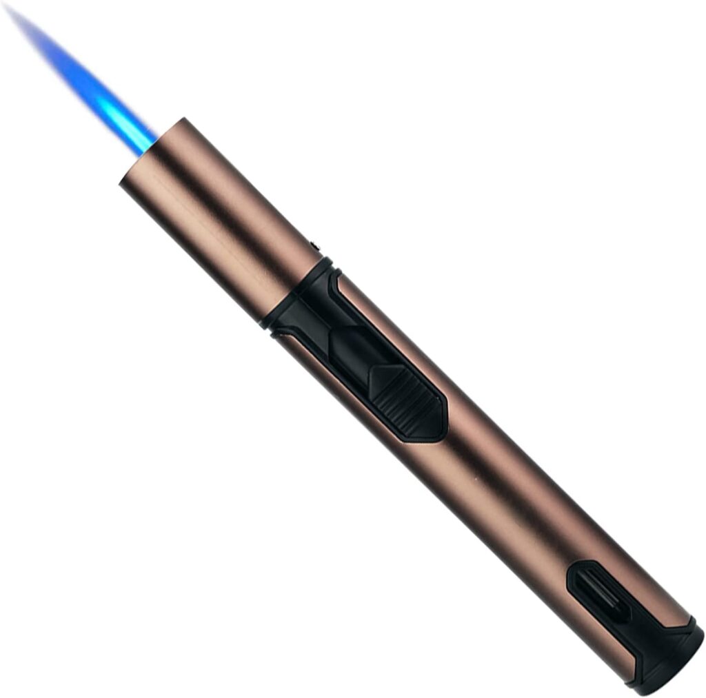 pliicnkg Torch Lighter with Fuel Level Window, Butane Lighter 6.0in Long Windproof Lighter Adjustable Jet Flame for Candle Grill Kitchen BBQ Fireworks, Mens Gadgets, Brown (Gas not Included)