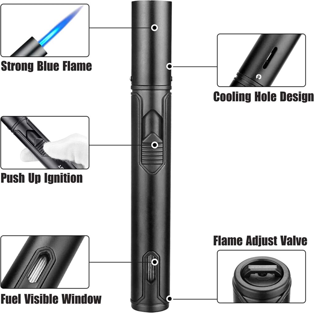 Lighter, Butane Torch Lighter with Fuel Level Window, 6.0in Long Windproof Pen Lighter Adjustable Jet Flame for Candle Grill Kitchen BBQ Fireworks, Mens Gadgets, Black(Gas not Included) (Lighter-6in)