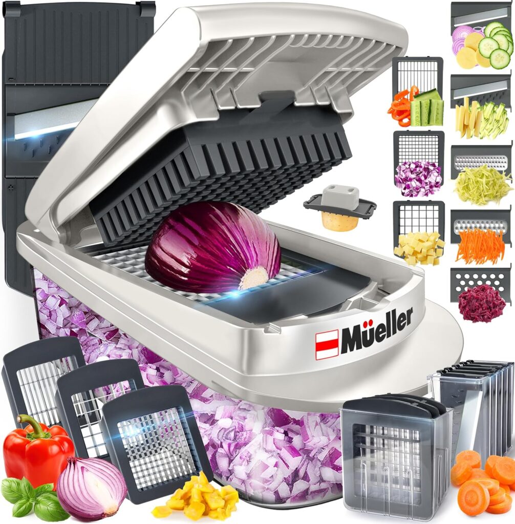 Mueller Pro-Series 10-in-1, 8 Blade Vegetable Chopper, Onion Mincer, Cutter, Dicer, Egg Slicer with Container, French Fry Cutter Potatoe Slicer, Home Essentials  Kitchen Gadgets, Salad Chopper