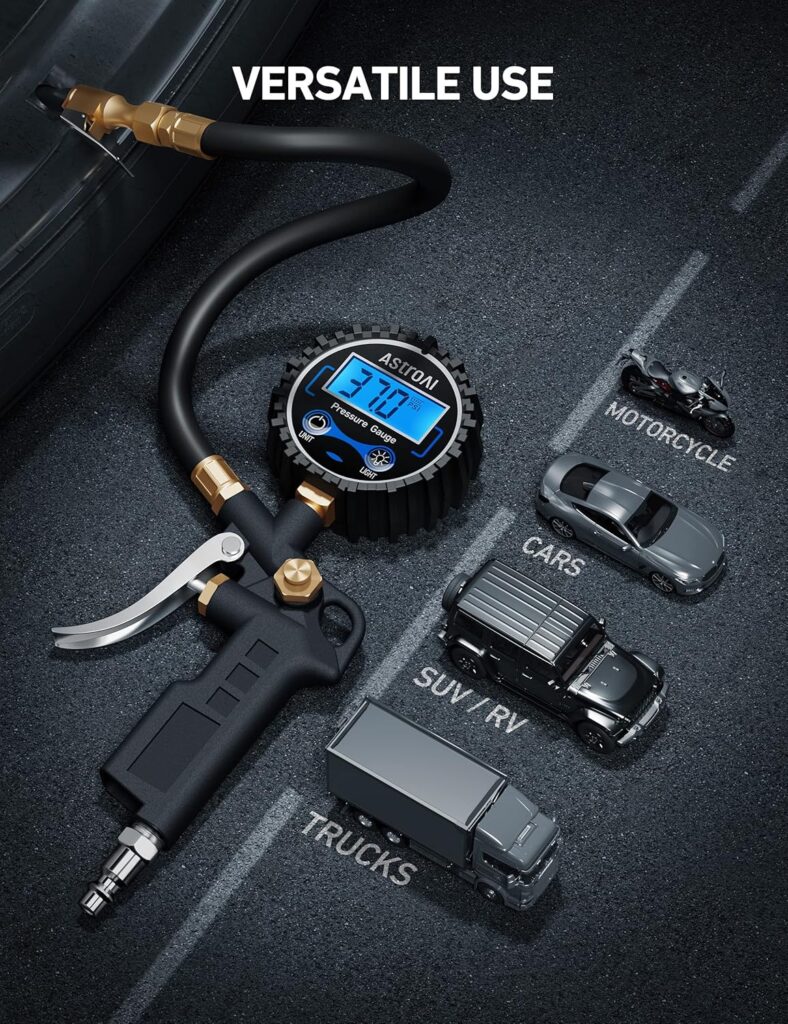 AstroAI Digital Tire Pressure Gauge with Inflator, 3-250 PSI Air Chuck  Compressor Accessories Heavy Duty with Quick Connect Coupler, 0.1 Display Resolution, 1pack