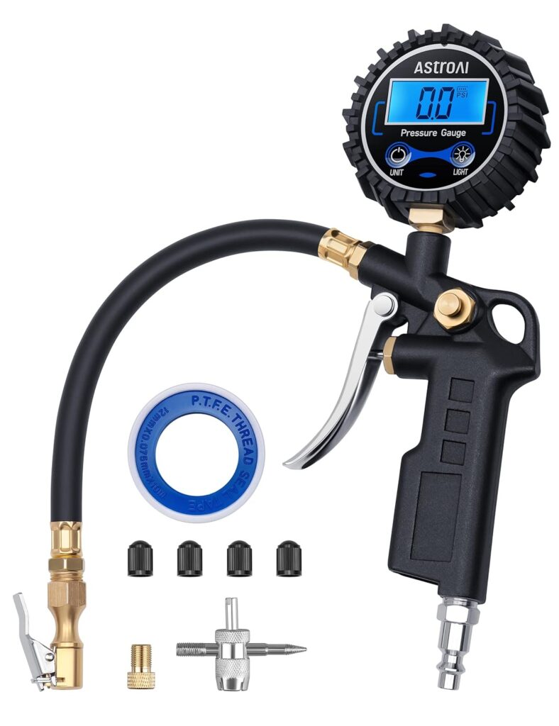 AstroAI Digital Tire Pressure Gauge with Inflator, 3-250 PSI Air Chuck  Compressor Accessories Heavy Duty with Quick Connect Coupler, 0.1 Display Resolution, 1pack