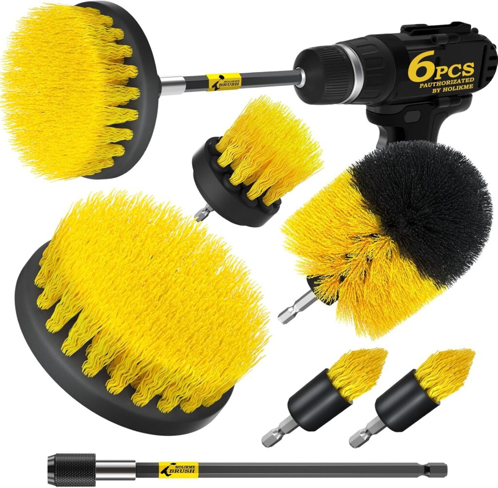 Holikme 6Pack Drill Brush Power Scrubber Cleaning Brush Extended Long Attachment Set All Purpose Drill Scrub Brushes Kit for Grout, Floor, Tub, Shower, Tile, Bathroom and Kitchen Surface，Yellow