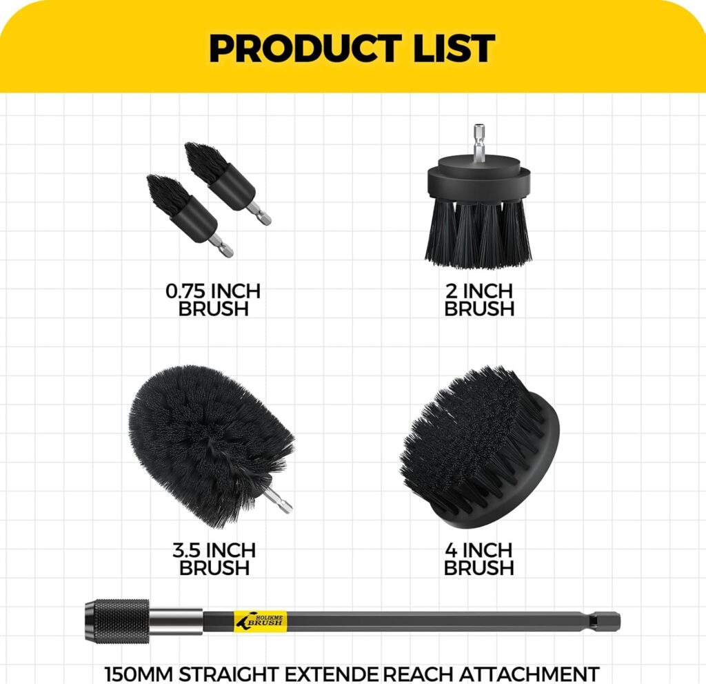 Holikme 6Pack Drill Brush Power Scrubber Cleaning Brush Extended Long Attachment Set All Purpose Drill Scrub Brushes Kit for Grout, Floor, Tub, Shower, Tile, Bathroom and Kitchen Surface，Yellow