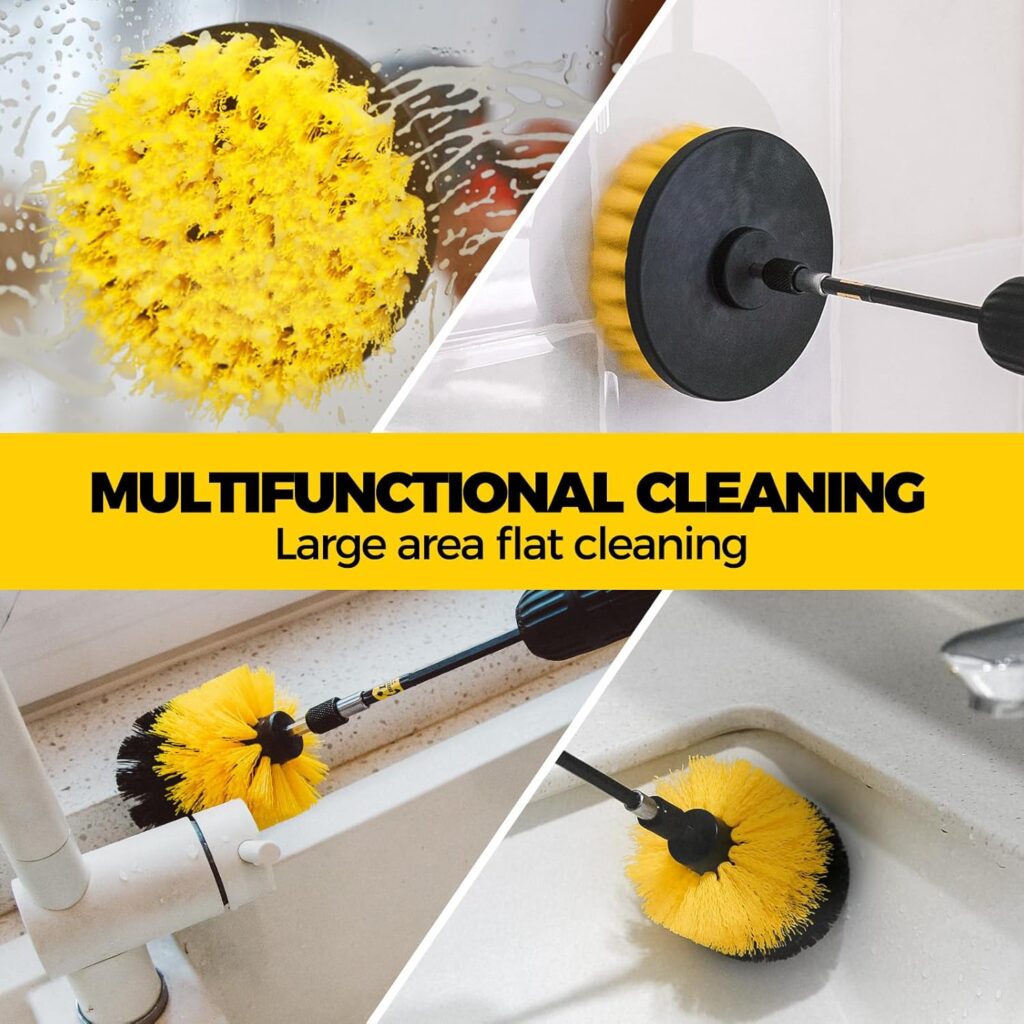 Holikme 6Pack Drill Brush Power Scrubber Cleaning Brush Extended Long Attachment Set All Purpose Drill Scrub Brushes Kit for Grout, Floor, Tub, Shower, Tile, Bathroom and Kitchen Surface，Yellow
