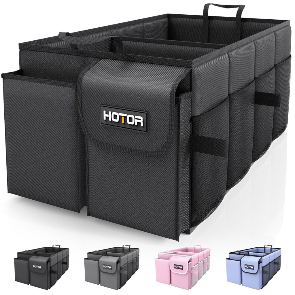 HOTOR Trunk Organizer - Car Organizer, Foldable Trunk organizer for SUVs  Sedans, Sturdy Car Organization for Car Accessories, Tools, Sundries, Black, 2 Compartments, 21.3×12.6×10.6