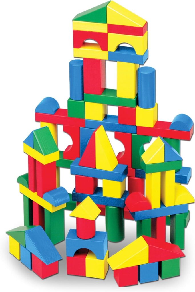 Melissa  Doug Wooden Building Blocks Set - 100 Blocks in 4 Colors and 9 Shapes Classic Kids Toys, Colored Wood For Toddlers Ages 2+ - FSC-Certified